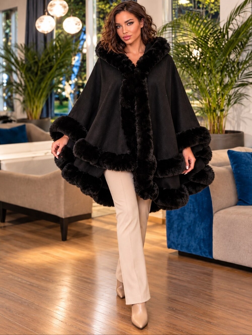 Quiet Lux Black Hooded Cape | Plush Faux Fur Trim NWT